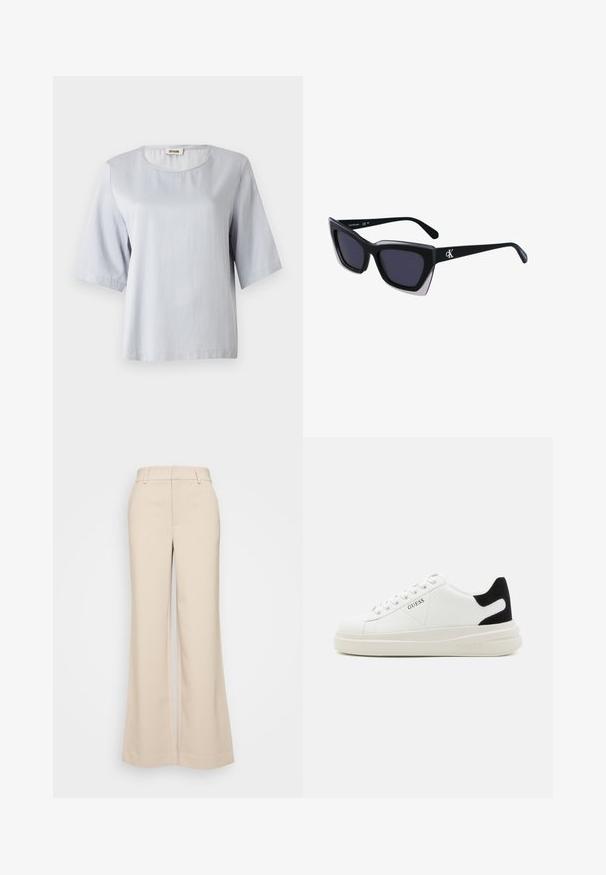Bluză scurtă cu mâneci, de culoare gri deschis, cu decolteu rotund, realizată dintr-un material moale. Design simplu, cu o croială lejeră, având margini curate și fără aplicații.; Pantaloni bej cu croi larg, cu o textură netedă, având o talie înaltă și două buzunare frontale. Design curat cu o croială adaptată.; Adidași din piele albă cu o talpă groasă albă, accent de călcâi din suede negru și logo embosat pe lateral. Design cu șireturi și șase orificii.; Ochelari de soare supradimensionați, negri, cu o formă geometrică, având lentile întunecate și un detaliu gri contrastant pe ramă. Logo pe braț.; Cercei rotunzi din argint cu un finisaj neted și strălucitor. Design ușor, având o formă rotundă și închidere cu tijă.