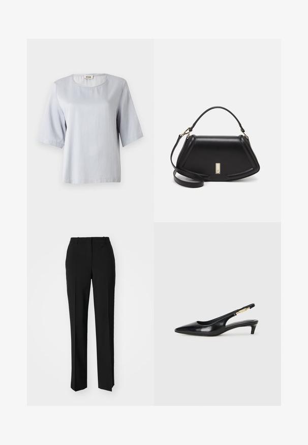 Light gray short-sleeve top with a round neckline, made of soft fabric. Simple design with a loose fit, featuring clean edges and no embellishments.; Black tailored trousers with a straight-leg design, featuring a smooth texture and crisp creases along the front. No visible hardware.; Black leather slingback heels with a pointed toe, featuring a slim heel and a gold-tone accent on the adjustable strap. Smooth texture.; Black leather handbag with a structured design, featuring a cropped shape, top handle, and gold hardware accent. Adjustable shoulder strap included.