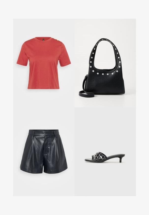 Korálové tričko s krátkým rukávem vyrobené z bavlny, s kulatým výstřihem a třemi zlatými knoflíky na levém rameni. Hladká textura.; Černé kožené šortky s hladkým povrchem, dokonale střižený design, sklady vpředu a poutka na opasek; mají skrytý zipový kapsičku na boku.; Černé sandály na podpatku s více lesklými pásky a kovovými akcenty, se špičatou špičkou a skromným podpatkem. Hladký povrch.; Černá kožená kabelka s texturou, se stříbrnými hroty podél horního okraje a na držadlech, vybavená krátkým uchem a odnímatelným popruhem.