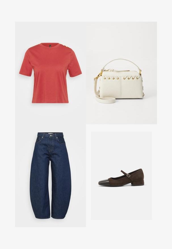 Camiseta de manga corta color coral hecha de algodón, con cuello redondo y tres botones dorados en el hombro izquierdo. Textura suave.; Jeans de mezclilla oscuros de tiro alto con piernas anchas, cierre frontal con botón y cremallera, y diseño clásico de cinco bolsillos.; Zapato Mary Jane de ante marrón con una puntera de charol negro, correa ajustable y un tacón bajo. Textura suave con acentos mínimos.; Bolsa de mano de imitación cuero blanca que presenta una cremallera superior, un asa corta y una correa de hombro desmontable con herrajes en tono dorado. Detalle de cordones en los lados.; Pendiente de aro de plata con un acabado pulido, que presenta pequeños detalles en dorado y una forma redonda, llevado en el lóbulo.