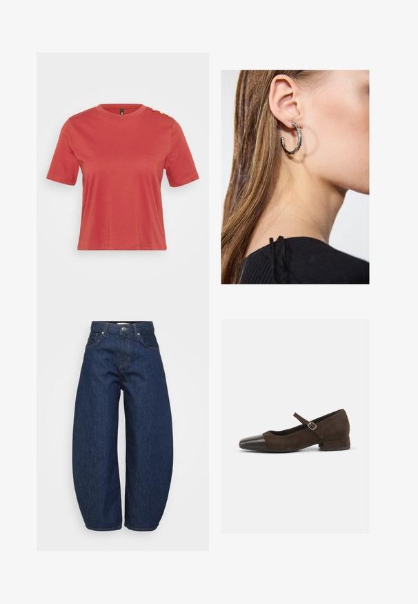 Coral short-sleeve t-shirt made of cotton, featuring a crew neck and three gold buttons on the left shoulder. Smooth texture.; High-waist dark blue denim jeans with wide legs, front button and zipper closure, and classic five-pocket design.; Brown suede Mary Jane shoe with a black patent leather toe cap, adjustable strap, and a low block heel. Smooth texture with minimal accents.; Silver hoop earring with a polished finish, featuring small gold accent details and a round shape, worn on the lobe.