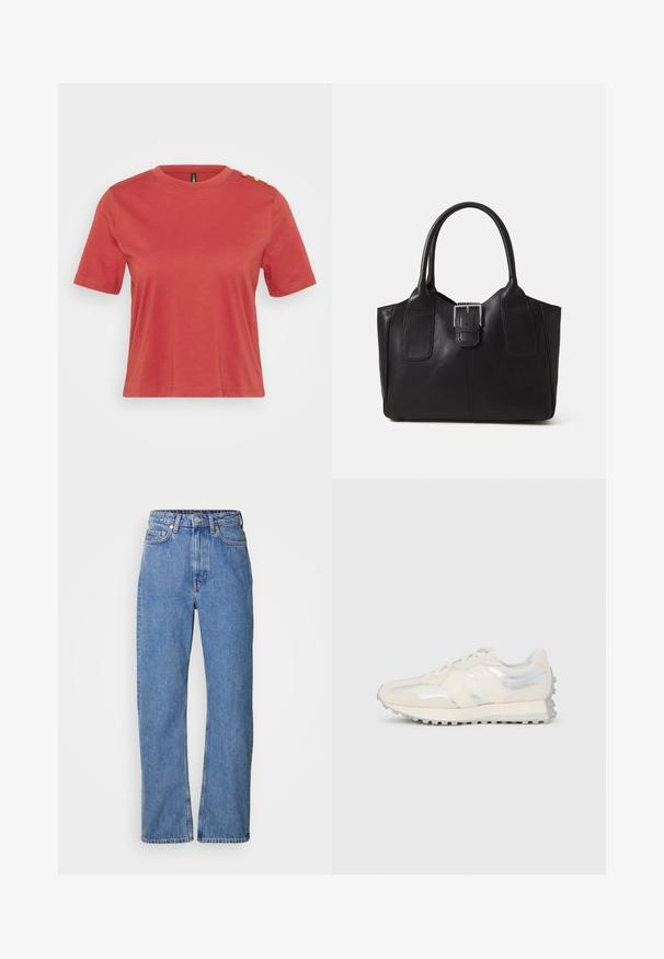 Koralan kratki rukav majica od pamuka, s okruglim izrezom i tri zlatne gumbe na lijevom ramenu. Glatka tekstura.; Svijetloplave traperice s ravnim nogavicama, visokog struka, s pet džepova, vidljivim šavovima i detaljima od bakra.; Niska kremasto-srebrna tenisica s vezicama i teksturiranim potplatom, prikazana iz profila na jednostavnoj bijeloj pozadini.; Crna kožna torba za nošenje s glatkom teksturom, strukturiranim oblikom, dvije ručke i istaknutim srebrnim kopčanjem na prednjoj strani.