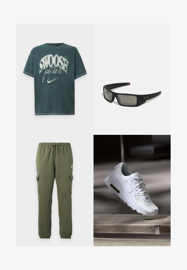 Tumši zila oversized T-kreklu, kas izgatavots no mīksta kokvilnas auduma. Iezīmē liela grafiska apdrukā ar vārdiem "SWOOSH" un "just do it" baltā krāsā. Klasiska apaļā kakla dizains.; Olive zaļas kravas bikses ar elastīgu jostasvietu, aukliņas aizdari, sānu kabatām un zīmola logo uz augšstilba. Gluda kokvilnas auduma maisījums.; Baltas Nike Air Max 90 sporta apavi ar sietu un ādas augšdaļu, caurspīdīgu pirksta daļu un redzamu gaisa vienību papēdī.; Melni saulesbrilles ar matētu apdari, taisnstūra lēcām, nedaudz izliektiem tempļiem, smalkiem logotipa elementiem un dūmu nokrāsas lēcām.