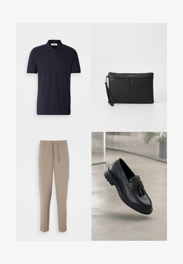 Sötétkék pólóing, pamutból készült, galléros kialakítással, rövid ujjakkal és diszkrét logóval hímzett a mellen.; Világos bézs nadrág, rugalmas derékkal, állítható húzózsinórral és tapered lábakkal. Az anyag simának tűnik, enyhe fénylással.; Fekete bőrből készült mokaszinok sima felülettel, díszes bojttal, vastag gumitalppal és varrott részletekkel. Könnyű és elegáns kialakítás.; Fekete szintetikus pénztárca cipzárral, csuklópánttal és sima felülettel. Finom varrás és a logó dombornyomott a fronton.