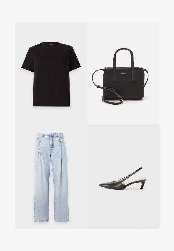 Melna kokvilnas T-kreklu ar īsām piedurknēm, ar apaļu kakla izgriezumu un nemanāmu Calvin Klein logo izšuvumu uz krūtīm. Gluda tekstūra, brīva piegriezums.; Gaiši zilas džinsu bikses ar augstu jostasvietu, plats kāju griezumu, divām sānu kabatām un krokotā dizaina akcentiem. Mīksta tekstūra ar izdilušu apdari.; Melna, ar smailu purngalu, slingback kurpe ar zemu papēdi, izgatavota no gludas ādas materiāla un ar izgriezumiem sānos gaisa caurlaidībai.; Melns roku soma ar divām īsām rokturiem un noņemamu plecu siksnu. Gluda ādas līdzīga materiāla ar rāvējslēdzēja aizdari un logos detaļu.