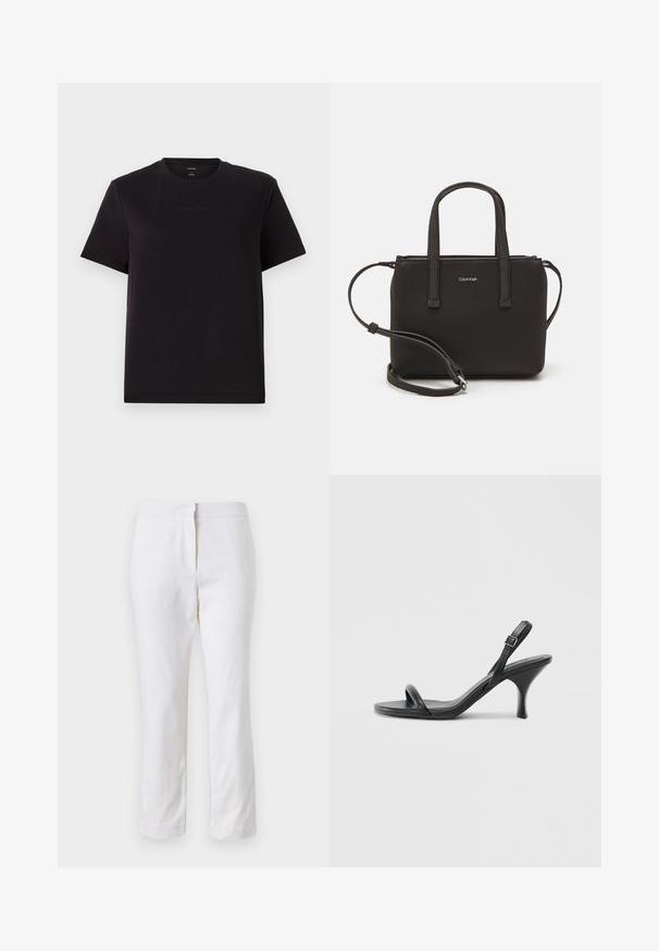 Musta puuvillainen t-paita lyhyillä hihoilla, pyöreällä kaula-aukkolla ja hienovaraisella Calvin Klein -logolla brodeerattuna rintaan. Sujuva pinta, rento malli.; Valkoiset puuvillahousut suoralla lahkeella, joissa on keskikorkea vyötärö ja ei näkyviä varusteita tai kuvioita. Ehjä pinta kauttaaltaan.; Mustat nahkaiset korkokengät, joissa on hoikka, kaareva korko ja ristiin menevä hihnadesign. Säädettävä nilkkahihna. Silkkinen pinta.; Musta käsilaukku, jossa on kaksinkertaiset lyhyet kahvat ja irrotettava olkahihna. Silkkinen nahkatunneinen materiaali, jossa on vetoketjukiinnitys ja logoyksityiskohta.