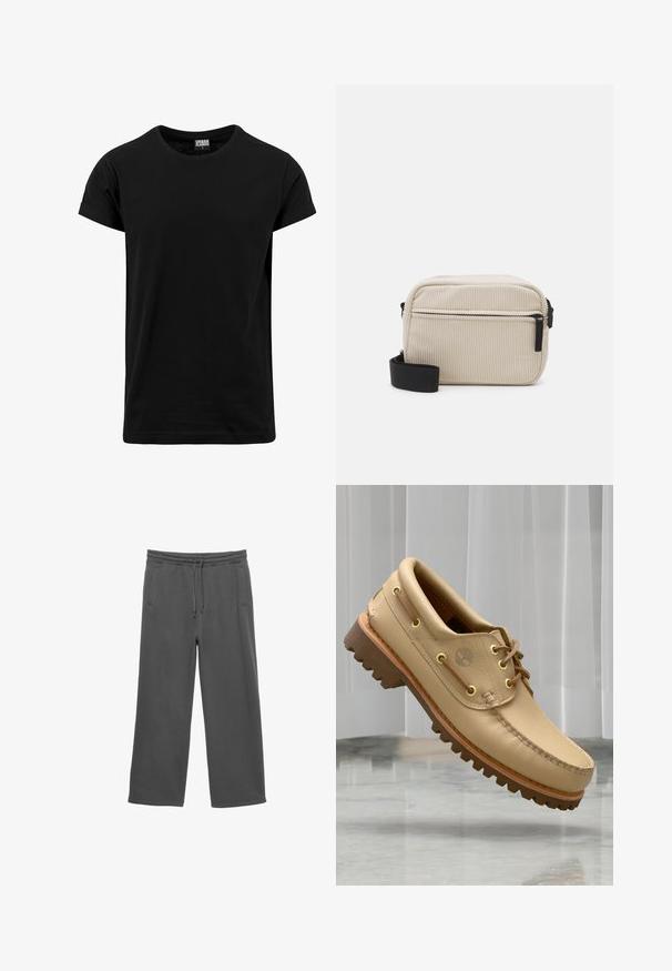 Crna majica od pamuka s klasičnim okruglim izrezom, kratkim rukavima s prevrnutim rubovima i ravnim rubom. Jednostavan, jednoličan dizajn bez uzoraka.; Tamno sive široke dukserice s elastičnim pojasom, vezicom i dva bočna džepa, prikazane na bijeloj pozadini.; Svijetlosmeđi kožni brodski sandal s debelim, rebrastim potplatom i detaljima vezivanja, lebdi iznad mramornog poda uz pozadinu bijelih vertikalnih roleta.; Kremast ženski crossbody torba od kordura s crnim patentnim zatvaračem, uklonjivim remenom i teksturiranim uzorkom. Ima jedan glavni pretinac i prednji džep.