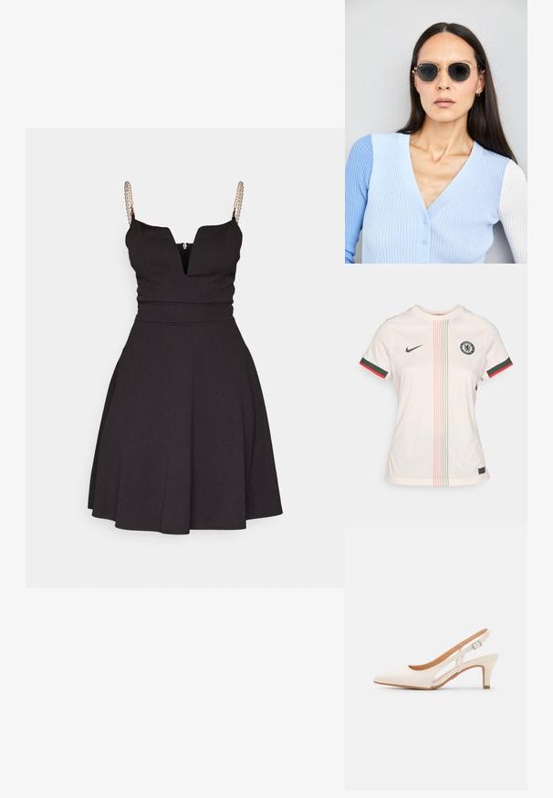 Gaiši krēmkrāsas futbola krekls ar apaļu kakla izgriezumu, īsām piedurknēm, Čelsi FC logo, zaļām un sarkanām akcentu svītrām un vertikāliem raksta elementiem.; Melnā A-formas kleita ar dziļu V veida kakla izgriezumu un plānu siksnu dizainu. Ar pērlītēm rotāti siksnas un pieguļošs top.; Baltas siksniņveida papēdis ar smailu purngalu, gludu augšējo materiālu, zemu blokpapēdi un sānu izgriezumu dizainu ar regulējamu sprādzi.; Apaļas saulesbrilles ar tumšiem objektīviem un zeltītām rāmēm. Modelis valkā gaiši zilu, ribotu kardigānu ar pogām un kontrastējošām baltām piedurknēm.; Michaela Korsa rokassomi bez̦ā īšojuma, kas izgatavota no apklāta kanvas, iekļaujot atkārtotu MK logotipa rakstu, zelta aparatūru un noņemamu ķēdes siksnu.