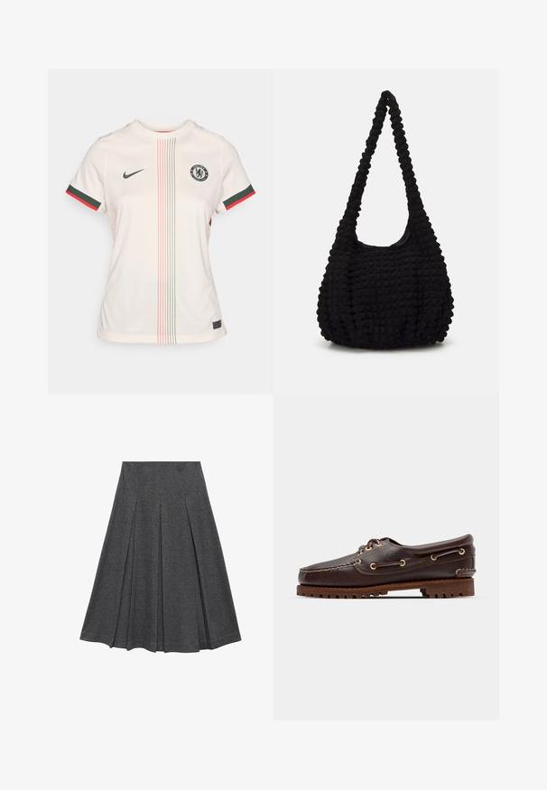 Svijetlosmeđa nogometna majica s okruglim izrezom, kratkim rukavima, logom Chelsea FC, zelenim i crvenim naglascima te vertikalnim uzorkom.; Siva plisirana suknja s raširenim oblikom, izrađena od mekanog materijala. Ima uspravne plisove i glatki pojas za prilagođeni izgled.; Smeđe kožne čamce cipele s zlatnim okomitim rupicama, okruglim vezicama i teksturiranom smeđom gumiranom potplatom. Ima stišnjene detalje i uzdignuti logo.; Crna teksturirana platnena torba s jednim uvijenim remenom, koja ima pufasti oblik i nabran dizajn površine.