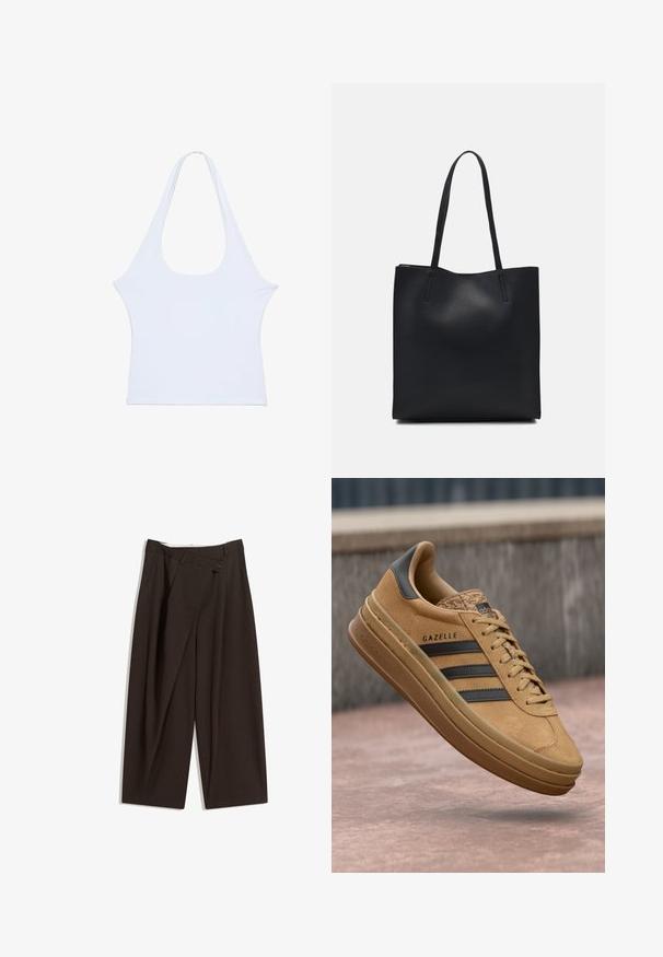 Witte mouwloze top, gemaakt van zacht materiaal, met een ruime ronde halslijn en een overall minimalistisch design. Geen opvallende patronen of versieringen, met een gladde textuur.; Donkere bruin wijde broek met een hoge taille, voorzien van een enkele knoopsluiting en een geplooide voorkant. Gemaakt van lichtgewicht stof.; Tansuede sneakers met een gladde textuur, voorzien van drie donkere strepen, een ronde neus en een dikkere zool met een gemarmerde rand.; Zwarte leren handtas met een gladde textuur, rechthoekige vorm en twee lange handvaten. Geen zichtbare hardware of versieringen.