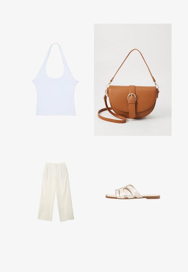 Biela bezrukávová blúzka vyrobená z mäkkého materiálu s voľným okrúhlym výstrihom, celkový dizajn je jednoduchý. Bez výrazných vzorov alebo dekorácií, hladká textúra.; Široké nohavice z krémovej látky s hladkou textúrou, s jedným predným gombíkom, jemnými skladmi a vysokým pásom.; Ploché sandále s hnedou gumovou podrážkou, navrhnuté s tromi prekrývajúcimi sa bielymi koženými popruhmi a malou mašličkou uprostred.; Hnedá kožená kabelka cez telo s zakriveným tvarom, zlatými kovovými doplnkami a akcentom s prackou. Obsahuje odnímateľný ramenný popruh.