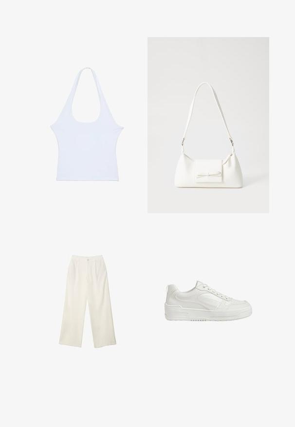 Una canotta bianca senza maniche, realizzata in un materiale morbido, con un ampio scollo rotondo e un design complessivo minimalista. Senza motivi o decorazioni evidenti, presenta una trama liscia.; Pantaloni a gamba larga in tessuto crema con una texture liscia, caratterizzati da un singolo bottone frontale, pieghe sottili e un design a vita alta.; Sneakers bianchi in pelle con texture liscia, caviglia imbottita e punta perforata. Presentano una suola in gomma leggermente sollevata e un design con lacci.; Borsa sintetica bianca a forma triangolare, con patta anteriore piatta e dettaglio a fiocco, tracolla regolabile, texture liscia e design minimalista.