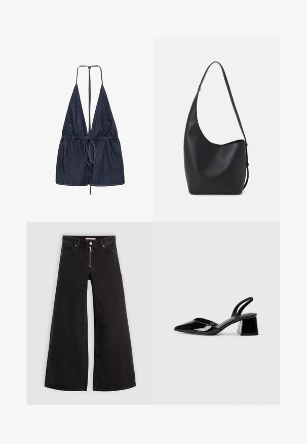 Top in denim con scollatura a V profonda e legacci regolabili. Presenta tessuto arricciato in vita con un design stretto, in una tonalità blu scuro.; Jeans a gamba larga in denim nero con chiusura a zip, design a cinque tasche e dettagli di cucitura sottili. Texture morbida e stile casual.; Décolleté in vernice nera con punta affusolata e tacco in geometria cubica. Presentano un design elegante e minimalista, con una texture liscia.; Borsa hobo nera in pelle con una superficie liscia, forma curvata e una singola tracolla regolabile; presenta un'ampia apertura nella parte superiore.