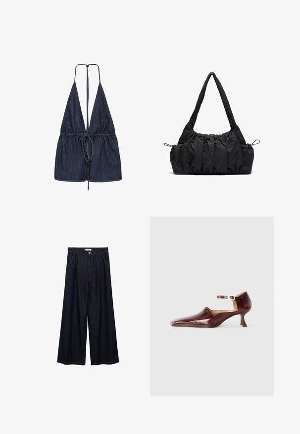 Denimowa bluzka z głębokim dekoltem w kształcie litery V i regulowanymi sznurkami. Posiada marszczoną tkaninę w talii z dopasowanym krojem, w ciemnoniebieskim odcieniu.; Ciemnoniebieskie spodnie o szerokich nogawkach z wysokim stanem, z zamknięciem na guzik z przodu, dwoma bocznymi kieszeniami oraz detalami w szwach.; Burgundowe lakierowane buty na obcasie z wąskim noskiem, paskiem na kostkę i 5 cm stożkowym obcasem. Gładka tekstura i minimalistyczny design.; Czarna torebka z tkaniny z marszczoną fakturą, z dwoma ramiączkami i sznurkiem do ściągania po bokach. Gładki, lekki materiał.