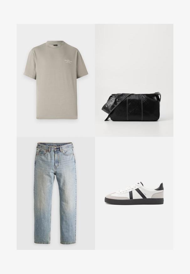 Khaki lyhythihainen t-paita, jossa on pyöreä kaula-aukko, valmistettu puuvillasta, ja jossa on pieni painettu tekstiyksityiskohta vasemmassa ylärintataskussa.; Vaaleansininen farkut, joissa on korkea vyötärö, etunappi, vetoketju ja viisi taskua, asetettu tasaisesti neutraalille taustalle.; Valkoiset lenkkarit mustilla ja harmailla yksityiskohdilla, joissa on teksturoitu harmaa kärki, musta kumipohja ja litteät valkoiset nauhat. Siisti muotoilu, minimalistinen tyyli.; Mustakulmainen nahkainen olkalaukku, jossa on vetoketjukiinnitys, teksturoitu pinta, valkoiset ompeleet ja hihna, jossa on hopeiset niitit.
