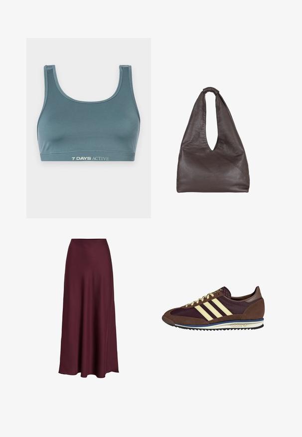 Sutien sport de culoare teal închis, realizat dintr-un material moale și elastic. Prezintă un decolteu rotund și o bandă elastică cu inscripția "7 DAYS ACTIVE" tipărită într-o culoare deschisă.; Fustă maxi din satin bordeaux cu o textură netedă, talie înaltă și o siluetă fluidă care se lărgește ușor spre margine.; Sneaker maro și burgund cu materiale din suede și plasă, având trei dungi crem, țesătură texturată pe limbă și o talpă din cauciuc.; Geantă din piele maro cu un design oversized, relaxat. Dispune de un mâner în formă de buclă și o deschidere adâncă în formă de V pentru acces ușor. Textură moale, stil minimalist.