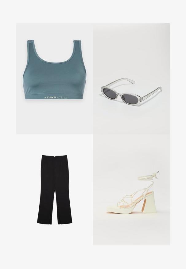 Sport bra in dark teal, made of soft, stretchy fabric. Features a scoop neckline and elastic band with "7 DAYS ACTIVE" printed in light color.; Black trousers with a straight fit, featuring front pockets and side slits at the hem. Made of soft, smooth fabric. Suitable for various occasions.; White high-heeled sandal with a chunky heel, featuring a strappy design and ankle tie. Smooth texture with a platform front for added height.; Sunglasses with an oval shape, clear plastic frame, dark gray lenses, and thin transparent arms featuring logo accents and minimal detailing.; Brown leather bag with a gathered top and a chain strap. Smooth texture with a glossy finish and subtle seam detailing on the sides.