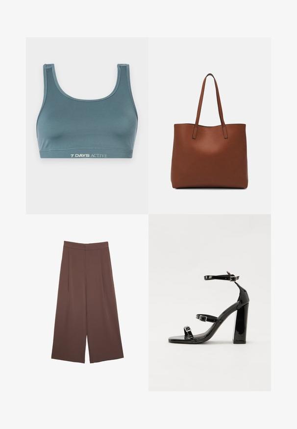 Soutien-gorge de sport en bleu sarcelle, fabriqué en tissu doux et extensible. Il présente un col en forme de scoop et une bande élastique avec "7 DAYS ACTIVE" imprimé en couleur claire.; Pantalons larges marron avec une texture lisse, dotés d'une taille haute et de plis à l'avant. Le tissu est léger et tombe de manière fluide.; Sandales à talons vernies noires avec un bout carré, des sangles autour de la cheville et des boucles en argent. Dotées d'un talon bloc épais pour plus de stabilité.; Sac fourre-tout en cuir marron avec une texture lisse, design à ouverture supérieure et deux poignées pour le porter à l'épaule. Présente des coutures minimales et aucun matériel visible.