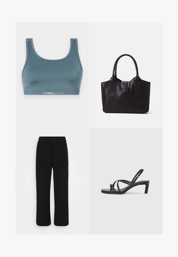 Soutien-gorge de sport en bleu sarcelle, fabriqué en tissu doux et extensible. Il présente un col en forme de scoop et une bande élastique avec "7 DAYS ACTIVE" imprimé en couleur claire.; Pantalon large noir fabriqué dans un tissu lisse, avec une taille plate, des passants de ceinture et sans poches visibles. Design épuré et ajusté.; Sandale noire à lanières avec un bout carré et un petit talon bloc. Elle présente plusieurs fines lanières et une sangle de cheville ajustable. Fabriquée en cuir lisse.; Sac fourre-tout en cuir noir avec une texture lisse, une forme structurée, deux poignées et un détail en boucle argentée proéminent à l'avant.
