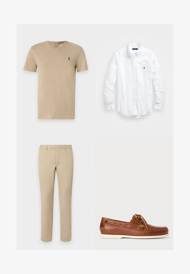 Tricou din bumbac bej cu mâneci scurte și decolteu în v, având un mic logo bleumarin pe partea stângă a pieptului. Textură netedă, croială standard.; Cămașă albă cu mânecă lungă și nasturi din bumbac. Are un guler clasic, manșete cu nasturi și un mic logo brodat în navy pe piept.; Pantaloni bej din bumbac cu croi drept, dotati cu bucle pentru curea, față plată și tivuri croite. Textură netedă și detalii minime.; Pantofii de barcă din piele maro prezintă șireturi, ochiuri aurii și talpă din cauciuc crem. Concepuți cu un model de broderie ridicată pe vârf.