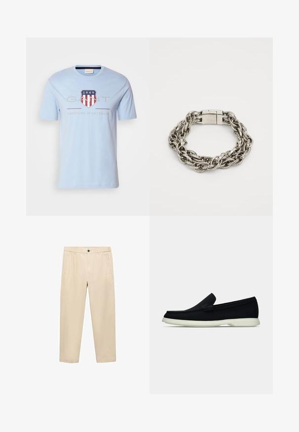 Lichtblauw katoenen T-shirt met een schildlogo met rode en witte strepen, "1949," en de tekst "GANT AMERICAN SPORTSWEAR." Korte mouwen.; Beige, casual broeken gemaakt van een zachte stof; heeft een elastische tailleband, zijzakken en een rechte pijp.; Zwarte instapper met een ronde neus, voorzien van een textuur bovenwerk, gladde witte zool en subtiele merktekens aan de zijkant.; Zilveren metalen kettingarmband, met een gevlochten ontwerp en textuurstrengen, en een haaksluiting. Gladde afwerking met reflecterende oppervlakken.