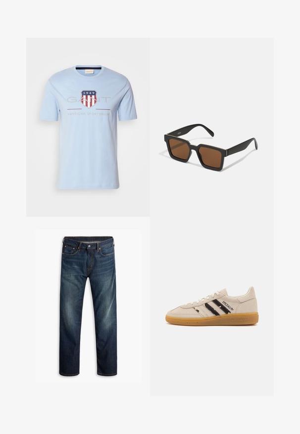 Svetlomodré bavlnené tričko s logom štítu, červenými a bielymi pruhmi, nápisom "1949" a textom "GANT AMERICAN SPORTSWEAR." Krátke rukávy.; Tmavomodré džíny z denimu s jemným vyblednutím na stehnách, dizajn s piatimi vreckami, zapínanie na gombík a viditeľné oranžové stehy na bielom pozadí.; Béžové semišové tenisky s čiernymi pruhmi a textom "Spezial", majú textúrovanú gumenú podrážku a klasický šnurovací dizajn.; Čierne štvorcové slnečné okuliare s hnedými šošovkami, matným povrchom a zlatými akcentmi na ráme. Dizajn je uhlový s širokými ramenami.