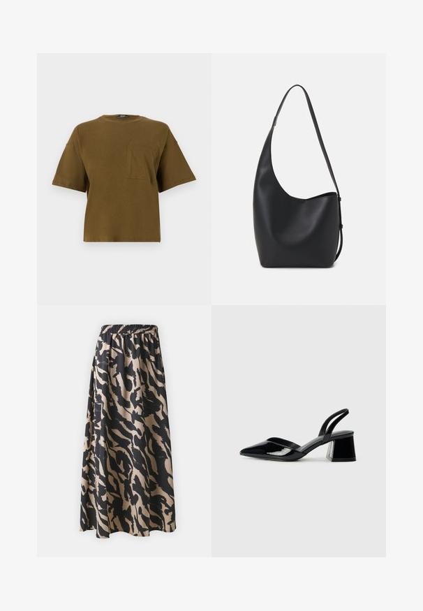 Oliivroheline puuvillane t-särk ümarate kaelustega, lühikeste varrukatega ja rinnakotiga. Lihtne disain ja lõdva lõikega. Sile tekstuur.; Mustikas ja beež pikk seelik elastse vöökoha ja abstraktsete loomamustritega, voolava siluetiga.; Mustad musta lakknahk kingad, millel on terav varvas ja geomeetriline plokkkonts. Omab elegantselt minimalistlikku disaini ja sujuvat tekstuuri.; Mustast nahast hobo kott, millel on sile tekstuur, kumer kuju ja üks reguleeritav rihm; peal on lai avaus.