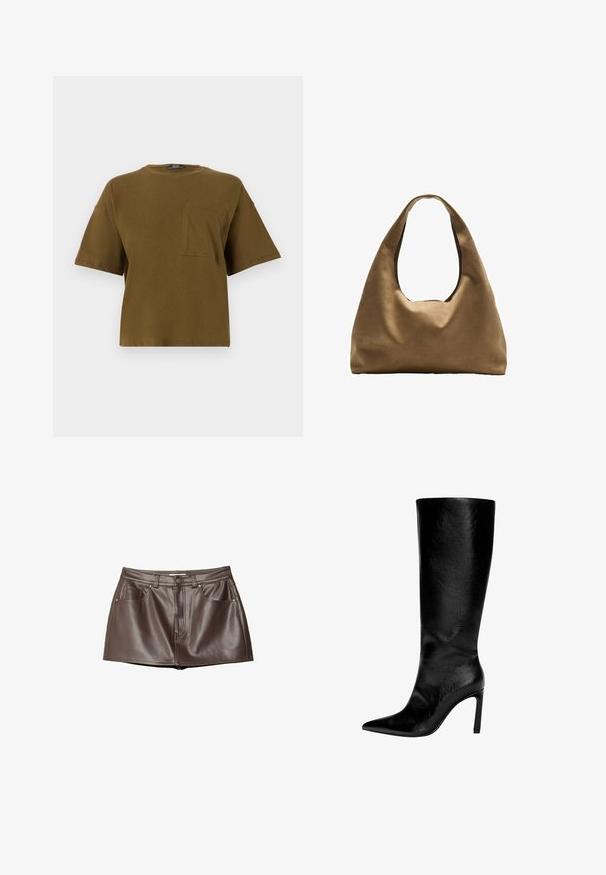 Olivno zeleno bombažno majico s krožnim izrezom, kratkimi rokavi in žepom na prsih. Preprost dizajn in sproščen kroj. Gladka tekstura.; Rjava usnjena mini krilo z gladko teksturo, zankami za pas, sprednjimi žepi in gumbom za zapiranje na pasu.; Črne usnjene škornje do kolen s koničastim nosom, visokim stiletto peto, gladko obdelavo in preprostim, elegantnim dizajnom brez okraskov.; Brahna torba preko rame iz rjave tkanine s širokim, zaobljenim tijelom i velikim izrezanim ručkom. Meka tekstura, minimalistički dizajn i bez vidljivih metalnih dijelova.