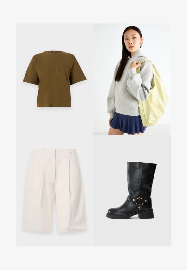 Olive green cotton t-shirt with a crew neck, short sleeves, and a chest pocket. Simple design and relaxed fit. Smooth texture.; White linen shorts with a tailored design, pleated front, and wide leg openings. Smooth texture and mid-thigh length.; Black mid-calf leather boot with chunky heel and decorative strap featuring a gold circular buckle on a white background.; Gray oversized hoodie with a kangaroo pocket, paired with a navy flared skirt. Accessory: large light yellow backpack, smooth texture.