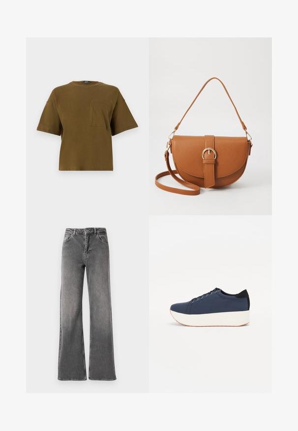 Alyvuogių žalios medvilnės marškinėliai su apvalia iškirpte, trumpomis rankovėmis ir krūtinės kišene. Paprastas dizainas ir laisvas fasonas. Lygus audinys.; Plati džinsai tamsiai pilkos spalvos denimo, su aukštu liemeniu, penkiomis kišenėmis ir minimaliu blukimu. Metalinė sagčiukė ir užtrauktukas.; Tamsiai mėlynas sportinis batelis su tekstūruotu audiniu viršuje, baltu platformos padu, apvaliu pirštu ir juodu kulno akcentu.š. Yra šešios skylės raišteliams.; Ruda odinė kryžminė rankinė, turinti kreivą formą, auksinius metalinius elementus ir sagtį. Yra nuimama petneša.