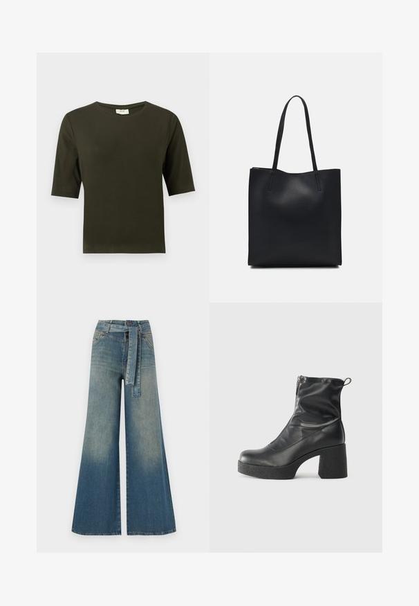 Tumedas rohelises lühikeste varrukatega T-särk ümmarguse kaelusega, valmistatud pehmest kangast, millel on lihtne ja sirge lõige.; Laiad denimpüksid, millel on hele tume sinine gradiendiefekt, kõrge vöökoht, vöökumlid ja sobivast kangast vöö. Struktureeritud denimi viimistlus.; Mustad mustad ansapüksid, mis on valmistatud siledast nahast, külje zipperiga, paksu tekstuuriga kontsaga ja ümmarguse nina disainiga.; Mustast nahast kott sujuva tekstuuriga, ristkülikukujuline ja kahe pika sangaga. Pole nähtavat riistvara ega kaunistusi.