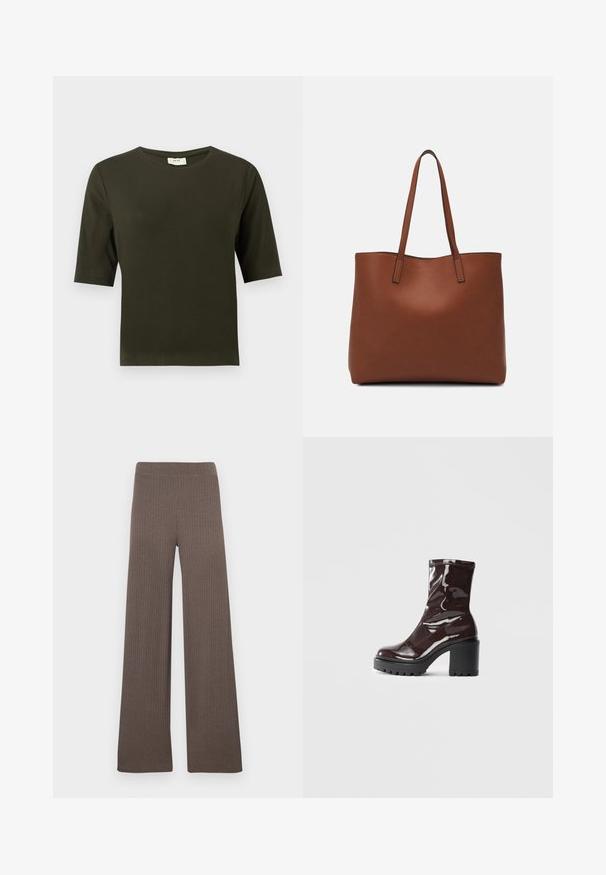 T-shirt de manga curta verde escuro com decote redondo, feito de tecido suave, apresentando um design simples e de corte reto.; Calças largas caneladas em cor castanho escuro, com cós elástico e tecido macio e texturizado.; Bota de tornozelo burgundy brilhante com um salto preto robusto, apresentando uma textura suave e um design simples. Sem fechos ou padrões visíveis.; Bolsa tote de couro castanho com uma textura suave, design de abertura superior e duas alças para o ombro. Apresenta costura mínima e sem hardware visível.