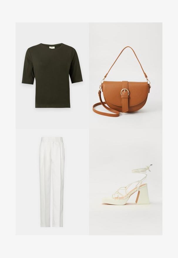 T-shirt de manga curta verde escuro com decote redondo, feito de tecido suave, apresentando um design simples e de corte reto.; Calças brancas com riscas verticais e um design de perna reta, feitas de um tecido leve. Apresentam pregas na frente e uma cintura tradicional.; Sandálias brancas de salto alto com um salto robusto, apresentando um design com tiras e amarração no tornozelo. Textura suave com uma plataforma na frente para altura adicional.; Bolsa transversal de couro castanho com um formato curvado, ferragens douradas e um detalhe de fivela. Inclui uma alça de ombro destacável.