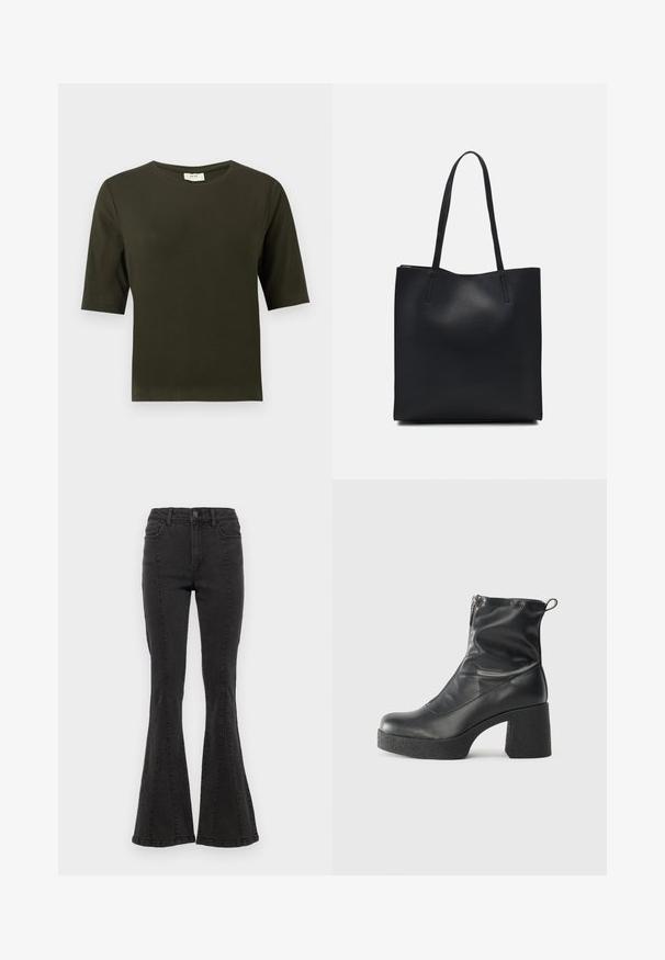 Tricou scurt cu mânecă, de culoare verde închis, cu decolteu rotund, fabricat dintr-un material moale, având un design simplu și drept.; Jeans din denim negru, cu talie înaltă și fason evazat, având cusături laterale și un finisaj curat la tiv. Materialul are o textură netedă și ușor elastică.; Bocanci negri de glezna din piele netedă, cu fermoar lateral, toc texturat și masiv, și design cu vârf rotund.; Geantă tote neagră din piele, cu textură netedă, formă rectangulară și două mânere lungi. Fără hardware vizibil sau ornamente.