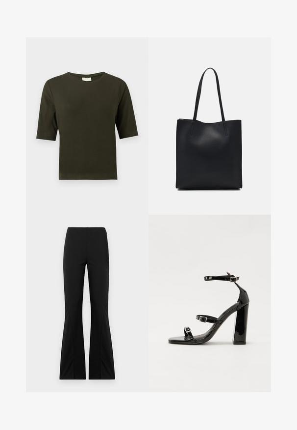 Temno zelena kratka majica s kratkimi rokavi in okroglo ovratnikom, izdelana iz mehkega blaga, s preprostim in ravnim krojem.; Črne široke hlače iz raztegljive tkanine, ki imajo gladko teksturo, prilagojen kroj in razporke na robovih.; Črne lakirane sandale s peto, kvadratnim prstom, trakovi okrog gležnja in srebrnimi zaponkami. Opremljene so s stabilno Debelo peto.; Črna usnjena torba s svilnato teksturo, pravokotne oblike in dvema dolgima ročajema. Brez vidnih metalnih delov ali okrasnih elementov.