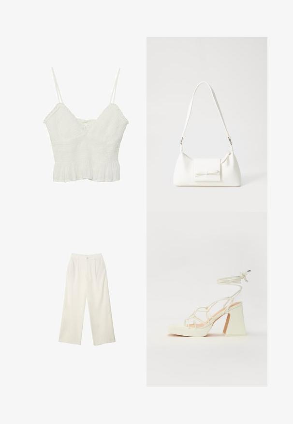 Biely skrátený top s tenkými nastaviteľnými ramienkami, textúrovanou tkaninou, v-dekoltom a volánovým lemom. Jednoduchý dizajn s ľahkým vzhľadom.; Široké nohavice z krémovej látky s hladkou textúrou, s jedným predným gombíkom, jemnými skladmi a vysokým pásom.; Biele sandále na vysokom opätku s hrubým podpätkom, s pruhovaným dizajnom a viazaním na členku. Hladký povrch s platformou vpredu pre zvýšenú výšku.; Biela syntetická kabelka s trojuholníkovým tvarom, plochým predným klapkou a detailom mašle, nastaviteľným popruhom, hladkou textúrou a minimalistickým dizajnom.