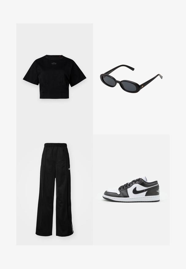 Czarny krótki t-shirt wykonany z bawełny. Posiada krótkie rękawy i okrągły dekolt. Zawiera subtelny detal z logo na klatce piersiowej.; Czarne szerokie spodnie dresowe z elastycznym pasem, z białymi paskami po bokach i małym logo na lewym biodrze. Gładka tekstura materiału.; Czarno-białe niskie sneakersy Nike mają górną część wykonaną z gładkiej skóry, okrągły czubek, związane zapięcie oraz wzorzystą gumową podeszwę.; Czarne, oversize okulary przeciwsłoneczne z owalnymi soczewkami, gładkim plastikowym mostkiem i złotymi akcentami na zausznikach. Ciemne soczewki zapewniają ochronę przed słońcem.
