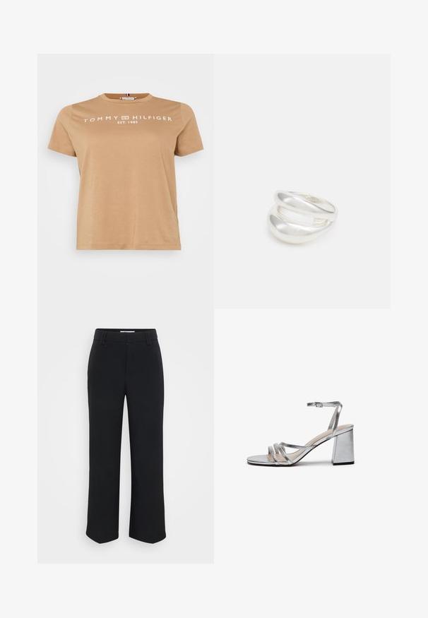 Khaki bavlnené tričko s okrúhlym výstrihom a krátkymi rukávmi. Na hrudi zobrazuje biele písmeno "TOMMY HILFIGER EST. 1985".; Čierne široké nohavice s hladkou textúrou, s plochým pásom a bočnými vreckami, navrhnuté v minimalistickom štýle.; Strieborné metalické sandále na vysokom podpätku s blokovým podpätkom, tenkým remienkom okolo členka a niekoľkými širokými remienkami cez prednú časť nohy. Hladká textura.; Strieborný prsteň s dvojitým pásikom s hladkým, lesklým povrchom. Má plynulý, zakrivený dizajn s prekryvajúcimi sa časťami pre moderný vzhľad.