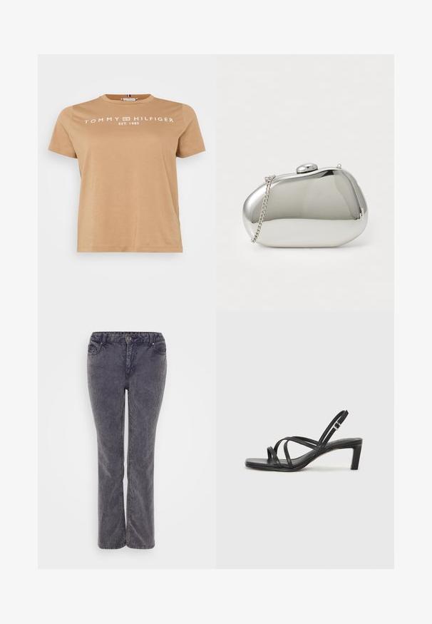 T-shirt in cotone khaki con scollatura rotonda e maniche corte. Presenta la scritta "TOMMY HILFIGER EST. 1985" in lettere bianche sulla parte anteriore.; Jeans in denim grigio con taglio dritto, dotati di zip, cinque tasche e sottili dettagli nella texture del tessuto.; Sandalo nero con cinturini, dalla punta squadrata e tacco basso a blocco. Presenta diversi cinturini sottili e una cinturini regolabile alla caviglia. Realizzato in pelle liscia.; Borsa a tracolla in metallo argentato con forma arrotondata e liscia. Presenta una chiusura a gancio e una tracolla removibile. Superficie riflettente senza motivi.
