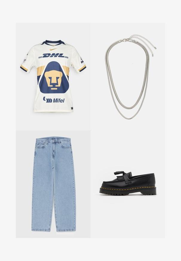 Biely športový dres s námorníckymi a zlatými akcentmi. Obsahuje grafiku leva, logo "DHL" a branding "Mifel". Krátke rukávy a dizajn s okrúhlym výstrihom.; Svetlomodré denimové džínsy s rovnými nohavicami, s polovysokým pásom, piatimi vreckami a zapínaním na gombík a zips.; Čierne kožené loafre s detailom na strapcoch, s masívnou čiernou podrážkou a žltým prešitím pozdĺž okraja. S textúrovaným povrchom.; Trojvrstvový náhrdelník zo strieborného kovu s elegantnými, flexibilnými reťazami s jemným leskom, zabezpečený sponou typu langusta a nastaviteľným reťazcom.