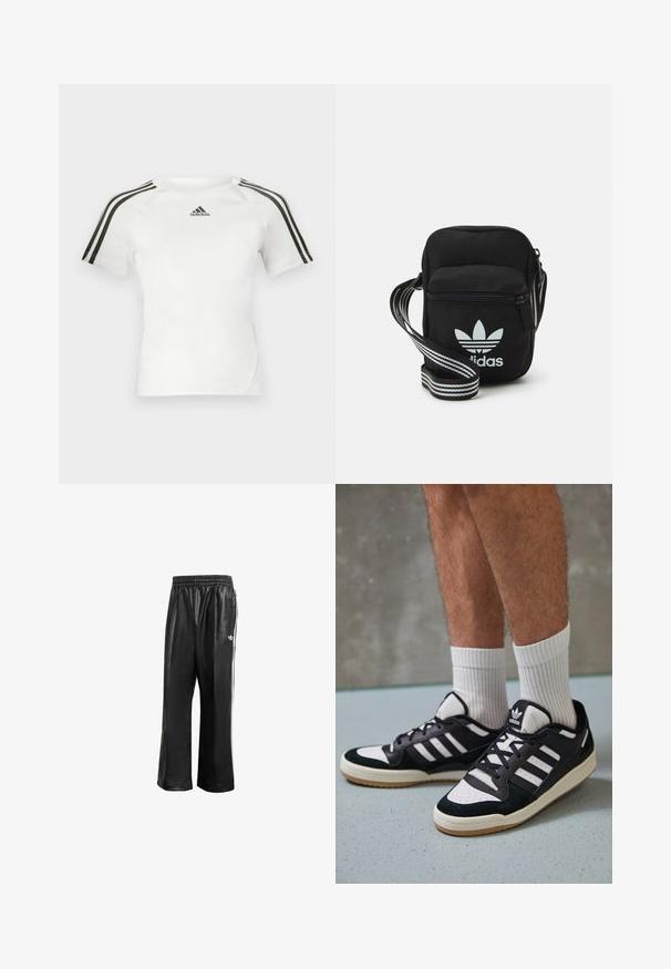Camiseta atlética de mangas curtas branca com um design de três riscas pretas nos ombros, textura suave e um pequeno logotipo preto da adidas no peito.; Calças de treino sintéticas pretas com um cós elástico, apresentando riscas laterais brancas e um pequeno logótipo branco no quadril esquerdo.; Ténis em preto e branco com upper em camurça e couro, apresentando três riscas brancas, um toe perfurado e uma sola em borracha de goma.; Sacolinha transversal de tecido preto com fecho de zíper, apresentando um logo da Adidas em branco e uma alça ajustável listrada para facilitar o transporte.