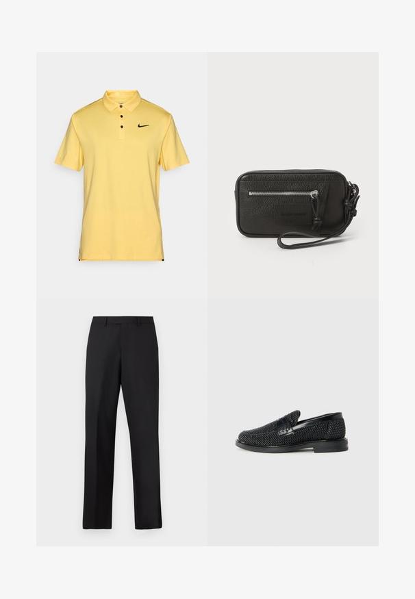 Keltainen polo-paitainen pehmeästä kankaasta, jossa on klassinen kaulus, kolme nappia ja pieni musta Nike-logo vasemmassa rinnassa.; Mustat, suorat housut, jotka on valmistettu sileästä kankaasta. Niissä on tavallinen vyötärönauha, eikä niissä ole näkyviä kuvioita tai koristeita.; Musta kudottu liukupohjallinen kenka, jossa on sileä nahkakorostus päällisessä, pyöreä kärki ja matala kumipohja.; Mustakotelo, jossa on tekstuuri, etupinossa vetoketjullinen tasku ja irrotettava ranneke. Edessä on logopatch. Suorakulmainen muoto.