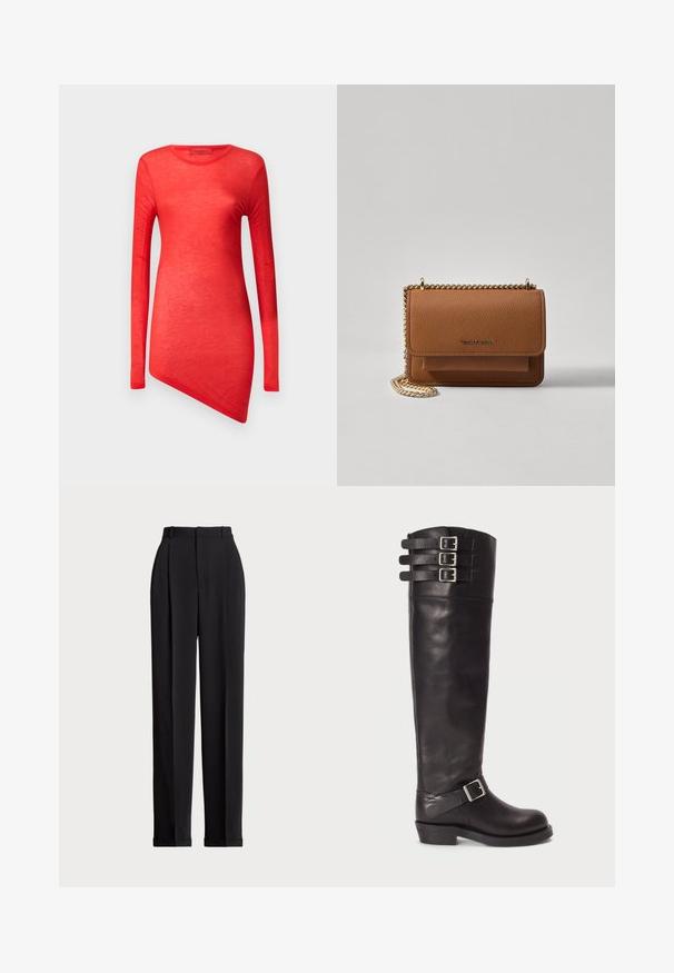Red long-sleeve top with an asymmetric hem, made from lightweight material. Smooth texture with a crew neckline and minimal seams.; Black tailored trousers with a high waist, featuring pleats at the front, a straight leg design, and a cuffed hem. Made from smooth fabric.; Black leather knee-high boot with a rounded toe, three strap buckles at the top, and a side buckle detail. Flat sole and smooth texture.; Brown textured leather crossbody bag with gold chain strap and flap closure. Front features logo detail and a pocket under the flap.