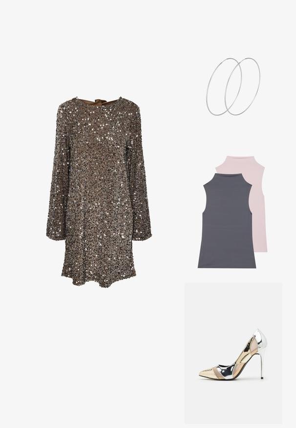 Dvě bezrukávové topy z jemného materiálu; jeden šedý a jeden světle růžový. Oba mají vysoký výstřih a hladkou strukturu.; Dlouhý rukáv šaty z hnědé látky pokryté stříbrnými flitry, s kulatým výstřihem a mašlí na zádech. Reflexní a texturovaný povrch.; Lodička s špičatou špičkou a kombinací stříbrné, zlaté a tělové barvy. Lesklý povrch s vykrojeným designem, s jehlovým podpatkem.; Stříbrná kovová taška s měkkým, zaobleným tvarem a uzávěrem s uzlem. Vyrobena z hladké umělé kůže.; Stříbrné kruhové náušnice s minimalistickým designem. Kruh, hladký povrch a tenký profil. Lehká konstrukce s lesklým povrchem.