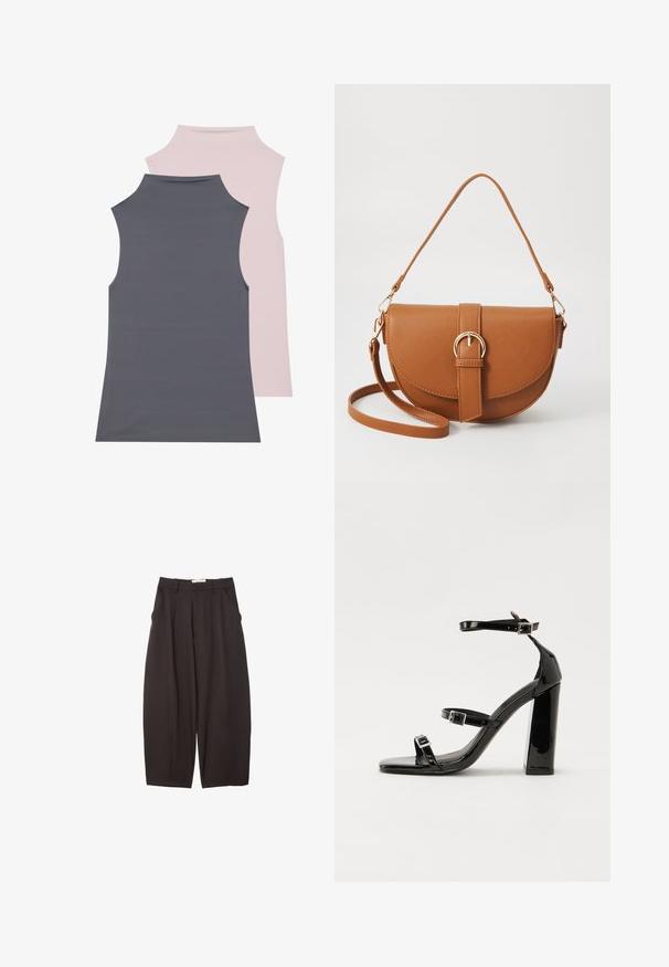 To sove løse toppe i blødt stof; en grå og en lys rosa. Begge har en høj halsudskæring og glat tekstur.; Sorte brede bukser lavet af et glat stof, med høj talje, forfaldne folder og sidelommer. Simpelt design uden udsmykninger.; Sorte laklædersandaler med høje hæle, to spænderemme, firkantet tå og en kraftig blokhæl, der har en glat, blank overflade.; Brun læder crossbody taske med en buet form, guldfarvet hardware og en spændeaccent. Har en aftagelig skulderrem.