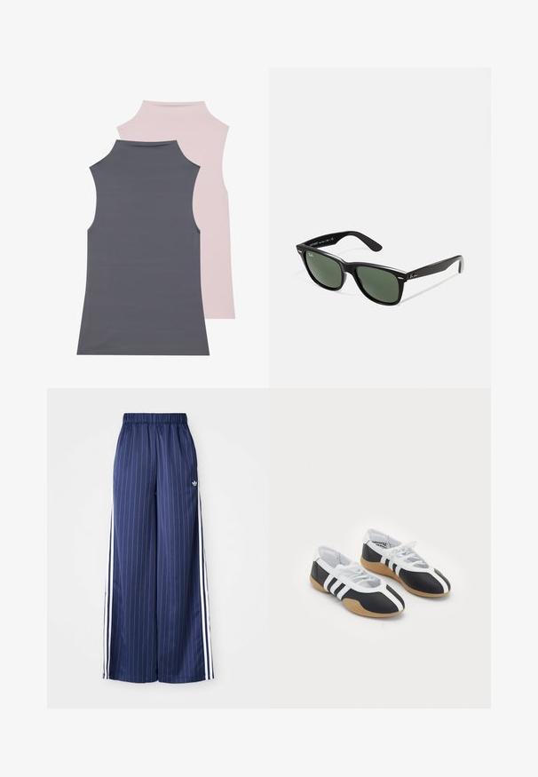 Two sleeveless tops in soft fabric; one gray and one light pink. Both feature a high neckline and smooth texture.; Navy blue wide-leg pants with vertical white stripes, elastic waistband, and three white stripes along each side, made from a lightweight material.; Black and white athletic shoes with a sleek design, rubber sole, lace-up closure, and three white stripes on the sides.; Black plastic sunglasses with green lenses, square frames, silver accent on the brow, and textured temple arms. Stated brand on inner arm.; Black fabric bag with a textured, quilted pattern. Rounded shape, short, thick handles, and a soft, flexible structure.