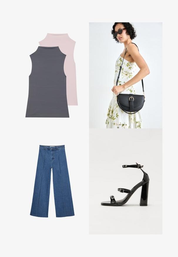 Two sleeveless tops in soft fabric; one gray and one light pink. Both feature a high neckline and smooth texture.; Wide-leg denim jeans in medium blue, featuring a high waist, button closure, and contrasting vertical seam details along the front.; Black patent heeled sandals with a square toe, ankle straps, and silver buckles. Features a chunky block heel for stability.; Black leather handbag with a curved shape, detachable strap, and gold hardware. The bag features a flap with a buckle detail.