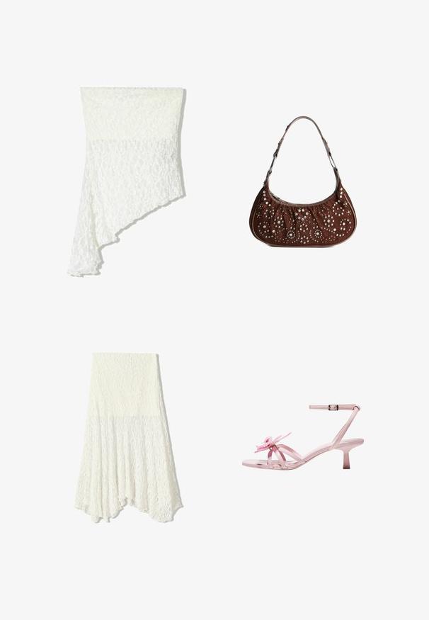 Witte kanten sjaal met een asymmetrisch ontwerp, voorzien van een gestructureerd patroon, zacht materiaal en een vloeiende drape aan één zijde.; Witte kanten rok met een gestructureerd patroon, voorzien van een asymmetrische zoom en een vloeiende silhout, gemaakt van lichtgewicht stof.; Roze gepatineerde leren sandalen met hakken en een bloemaccent op de teen, met een verstelbare enkelband en een slanke, korte hak.; Bruine suede schoudertas met een halve maan vorm, versierd met zilveren en gouden ronde studs in bloemen- en cirkelpatronen.
