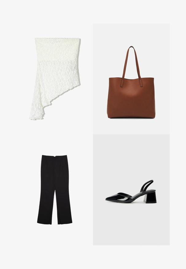 Valkoinen pitsihuivi, jossa on epäsymmetrinen muotoilu, teksturoidut kuviot, pehmeä kangas ja virtaava roso toisella puolella.; Mustat housut suoralinjaisella leikkauksella, joissa on etutaskut ja sivurei'ät helman alla. Valmistettu pehmeästä ja sileästä kankaasta. Sopii eri tilaisuuksiin.; Mustat patentoitu nahkakengät, joissa on säären takaosa ja terävä kärki, sekä geometrinen palikkakorko. Sisältää tyylikkään, minimalistisen muotoilun ja sileän pinnan.; Ruskea nahkainen olkalaukku, jossa on sileä pinta, avoin yläosa ja kaksi olkahihnaa. Omaavat vain minimaalisen ompelun eikä näkyvää metalliosaa.
