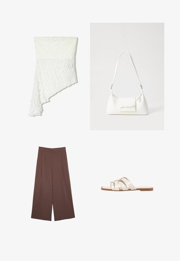Sciarpa bianca in pizzo con design asimmetrico, caratterizzata da un motivo testurizzato, tessuto morbido e una caduta fluida lungo un lato.; Pantaloni ampi marroni con una texture liscia, caratterizzati da una vita alta e pieghe frontali. Il tessuto è leggero e scorre liberamente.; Infradito con suola in gomma color talpa, progettate con tre cinturini in pelle bianca sovrapposti e un piccolo dettaglio a fiocco al centro.; Borsa sintetica bianca a forma triangolare, con patta anteriore piatta e dettaglio a fiocco, tracolla regolabile, texture liscia e design minimalista.